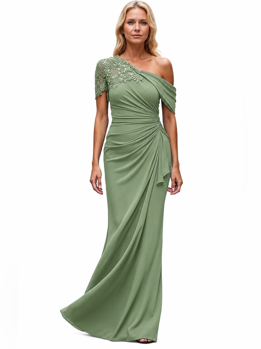 Sage Green One-Shoulder Gown Beaded Lace Corset Back Wedding Guest Dress Size 4